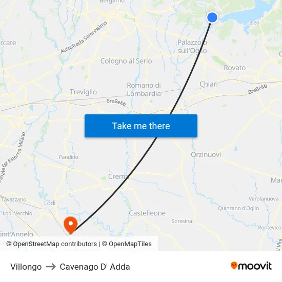 Villongo to Cavenago D' Adda map