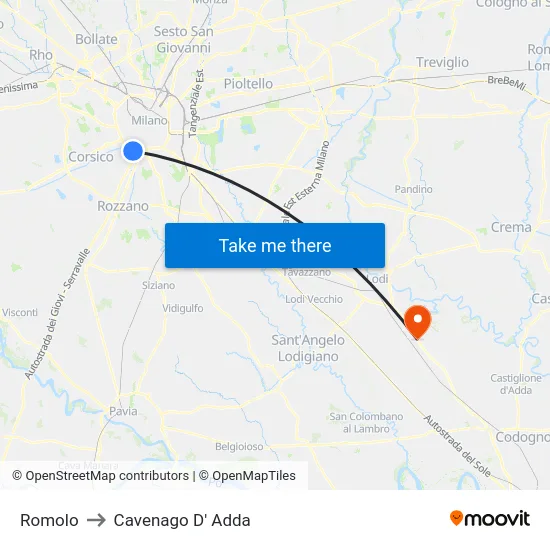 Romolo to Cavenago D' Adda map