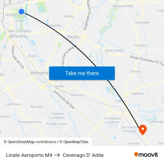 Linate Aeroporto M4 to Cavenago D' Adda map
