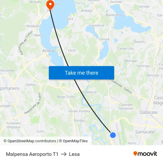 Malpensa Aeroporto T1 to Lesa map
