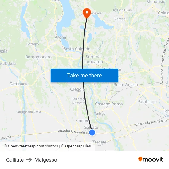 Galliate to Malgesso map