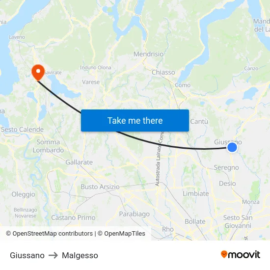 Giussano to Malgesso map