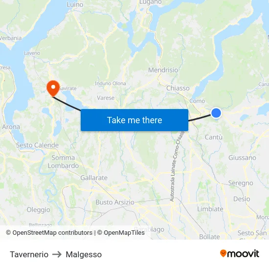 Tavernerio to Malgesso map