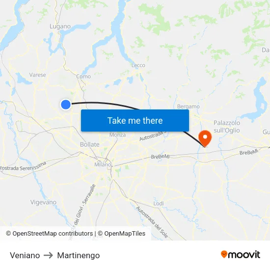 Veniano to Martinengo map