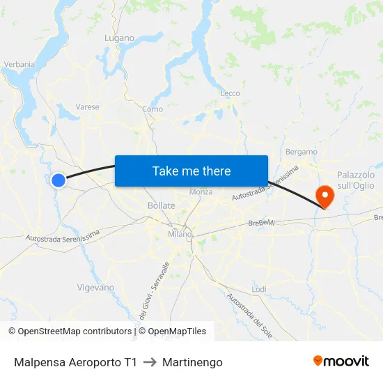 Malpensa Aeroporto T1 to Martinengo map