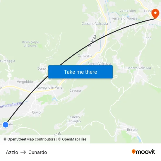 Azzio to Cunardo map