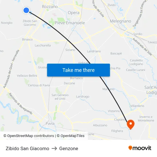 Zibido San Giacomo to Genzone map