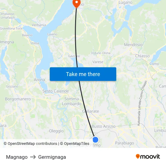 Magnago to Germignaga map