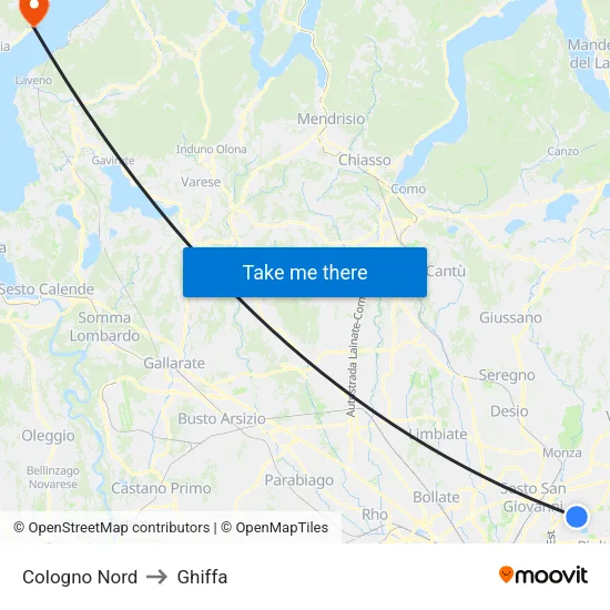 Cologno Nord to Ghiffa map