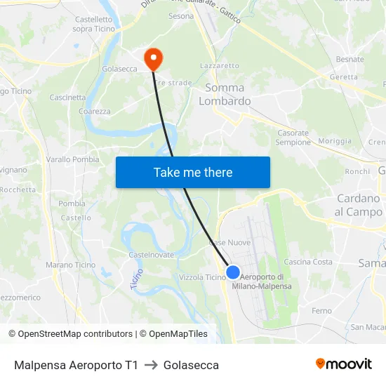 Malpensa Aeroporto T1 to Golasecca map