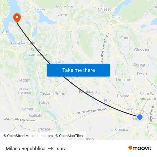 Milano Repubblica to Ispra map
