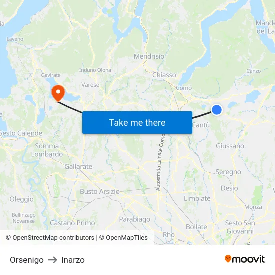 Orsenigo to Inarzo map