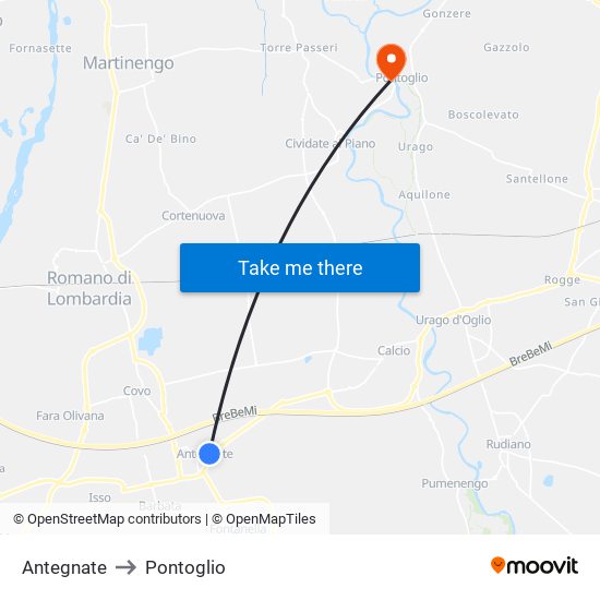 Antegnate to Pontoglio map