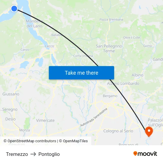 Tremezzo to Pontoglio map