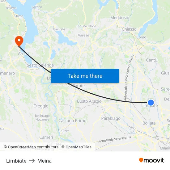 Limbiate to Meina map