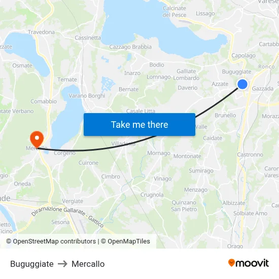 Buguggiate to Mercallo map
