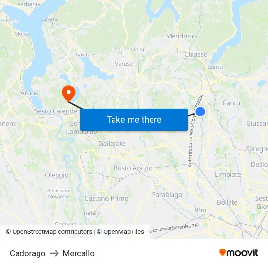 Cadorago to Mercallo map