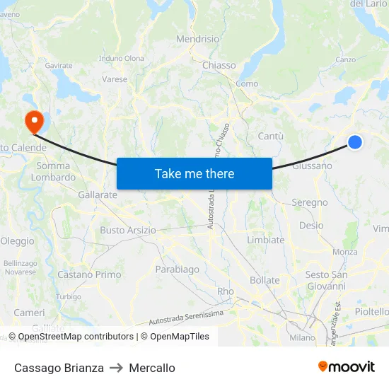 Cassago Brianza to Mercallo map