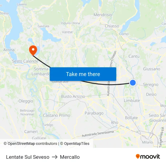 Lentate Sul Seveso to Mercallo map