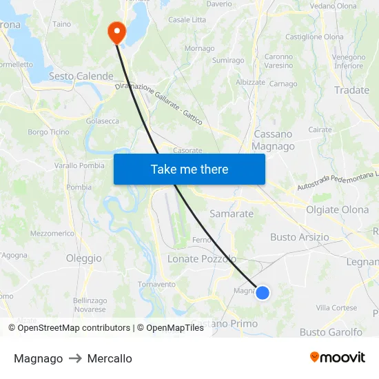 Magnago to Mercallo map
