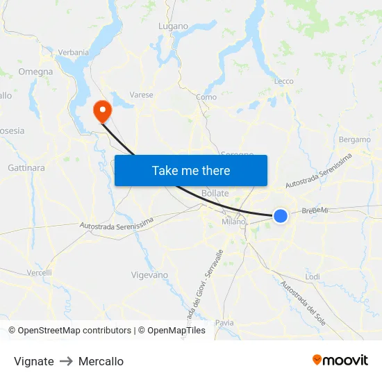 Vignate to Mercallo map