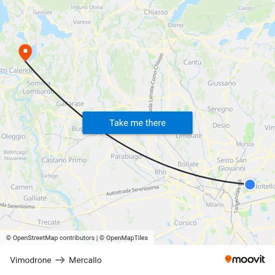 Vimodrone to Mercallo map
