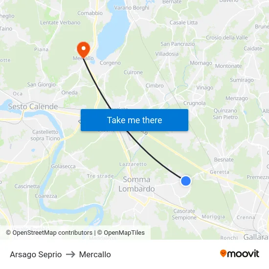 Arsago Seprio to Mercallo map