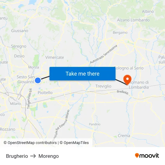 Brugherio to Morengo map