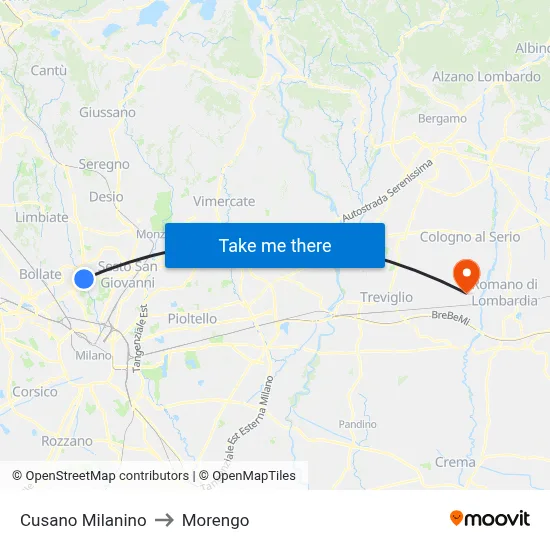 Cusano Milanino to Morengo map