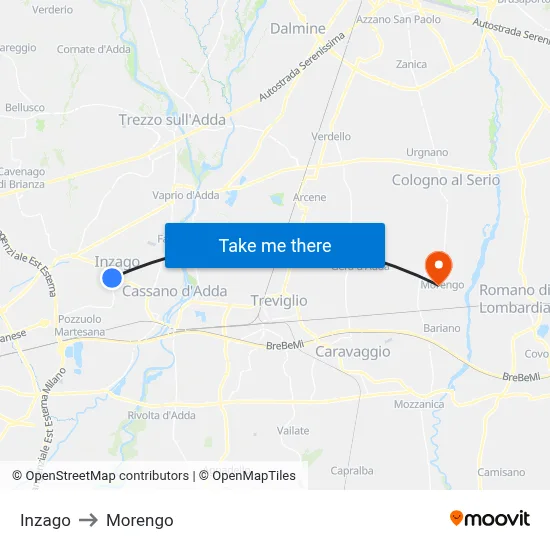 Inzago to Morengo map