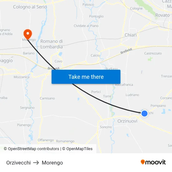 Orzivecchi to Morengo map