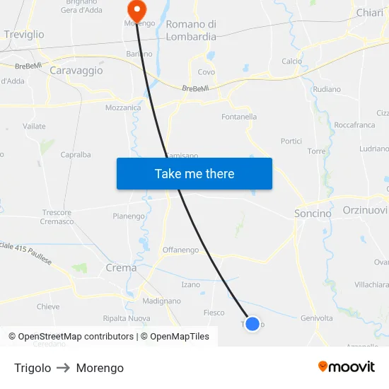 Trigolo to Morengo map