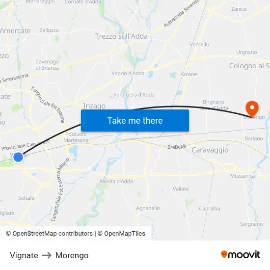 Vignate to Morengo map