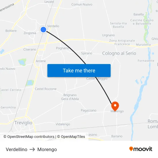 Verdellino to Morengo map