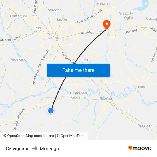 Calvignano to Morengo map