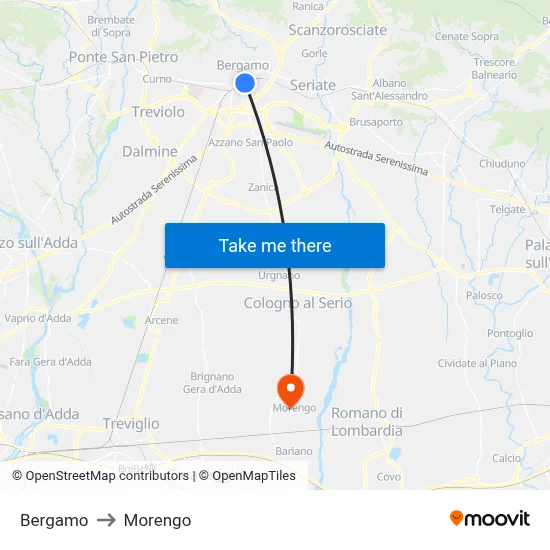 Bergamo to Morengo map