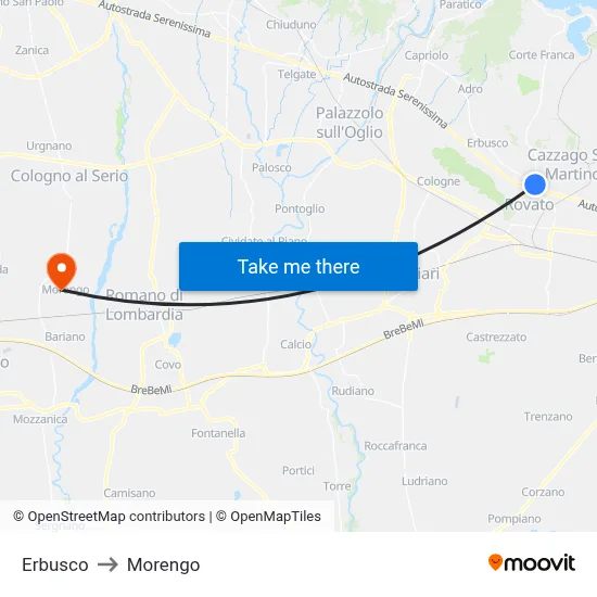 Erbusco to Morengo map