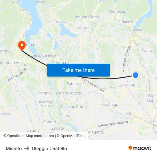 Misinto to Oleggio Castello map