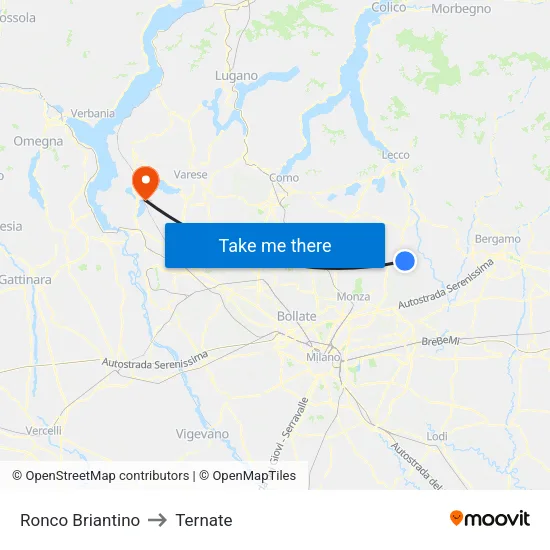 Ronco Briantino to Ternate map