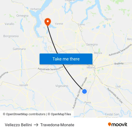 Vellezzo Bellini to Travedona-Monate map