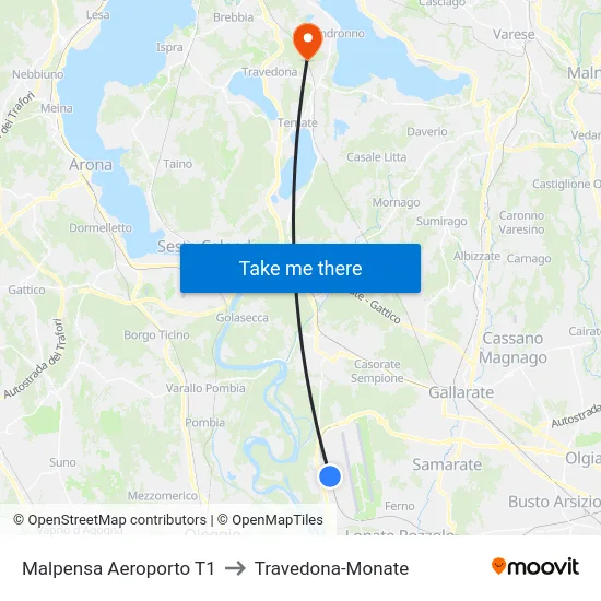 Malpensa Aeroporto T1 to Travedona-Monate map