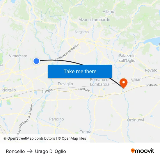 Roncello to Urago D' Oglio map