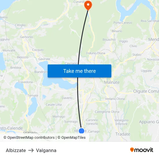 Albizzate to Valganna map