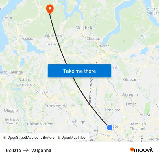 Bollate to Valganna map