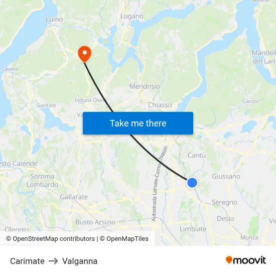 Carimate to Valganna map