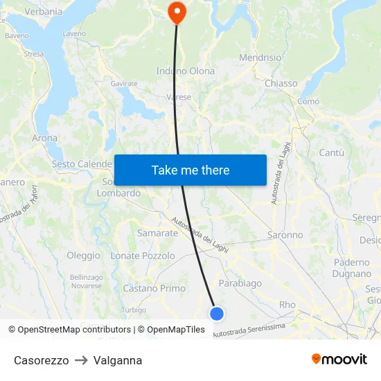 Casorezzo to Valganna map