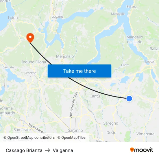 Cassago Brianza to Valganna map