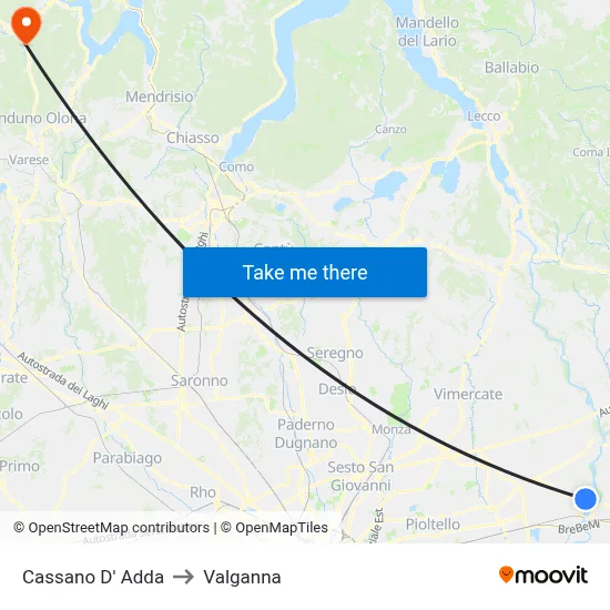 Cassano D'Adda to Valganna map