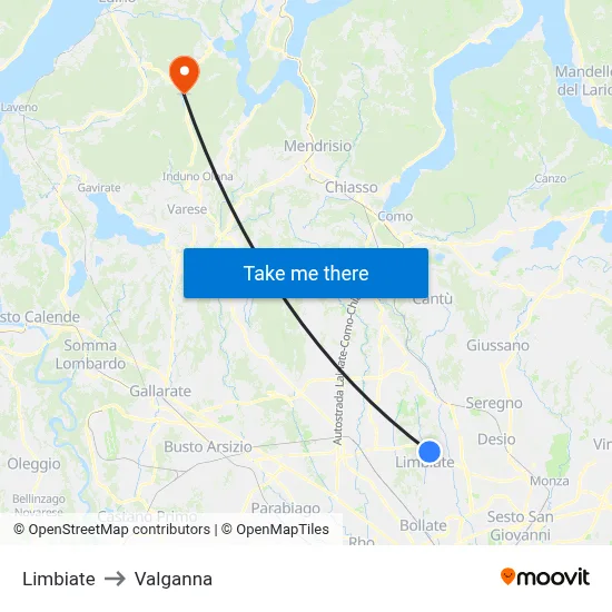 Limbiate to Valganna map