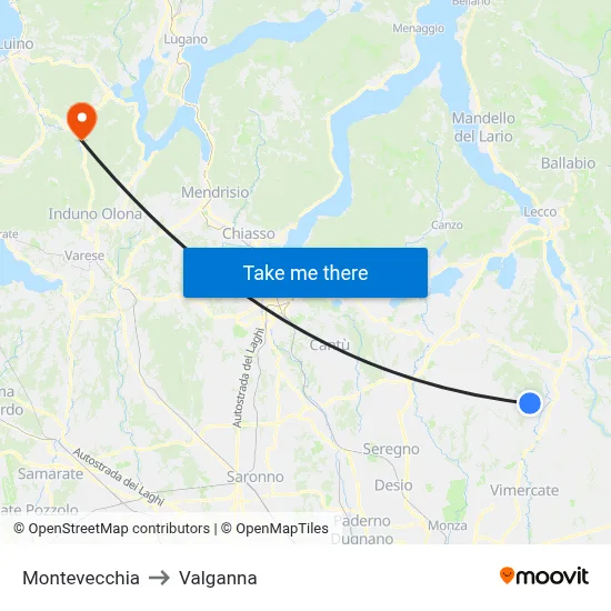 Montevecchia to Valganna map